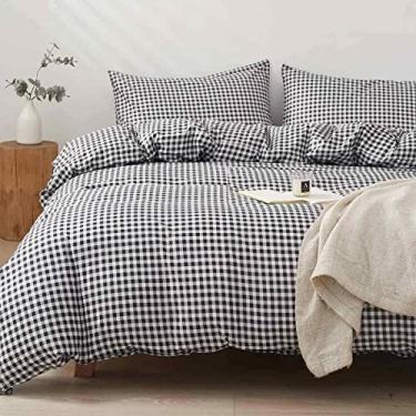 Imagem de ETDIFFE Conjunto de edredom preto tamanho king, conjunto de cama quadriculado de fazenda de 3 peças - edredom alternativo de microfibra xadrez buffalo, macio e leve (104 x 90)