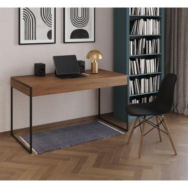 Imagem de Mesa De Escritório Industrial Amêndoa 137X53Cm Base Ferro Preto Com 1 Cadeira Preta
