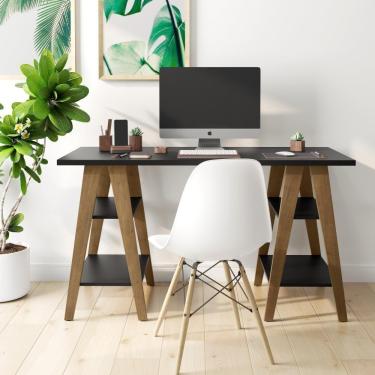 Imagem de Mesa Escrivaninha Cavalete 1,35x0,66 Tampo 30mm 4 Prateleiras Pes Madeira Preto - Ofertamo