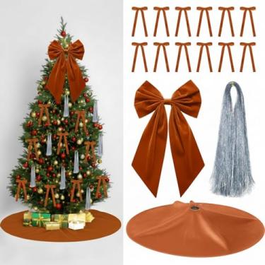Imagem de Gejoy Conjunto de enfeites de Natal – 12 laços de veludo marrom, 1 saia de árvore de Natal, 1 arco grande de topo de árvore, 5.000 fios de gelo de tinsel prata para árvores de Natal, grinaldas de