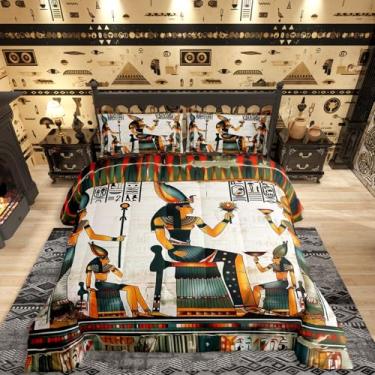 Imagem de Erosebridal Jogo de cama Queen com estampa egípcia, estilo egípcio, para homens, mulheres, adultos, adolescentes, vintage, pirâmide de faraó, edredom de plumas, estampa egípcia retrô