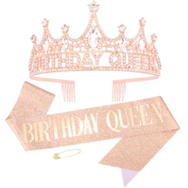 Imagem de AHONEY Coroa de aniversário de ouro rosa e faixa de glitter para mulheres tiara acessórios de aniversário para lembrancinhas de festas e decorações, pacote com 2