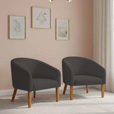 Imagem de Poltrona Sala Decorativa Kit 2 Stella Pé Madeira Trapézio Castanho Bouclê Grafite D03 - D'rossi