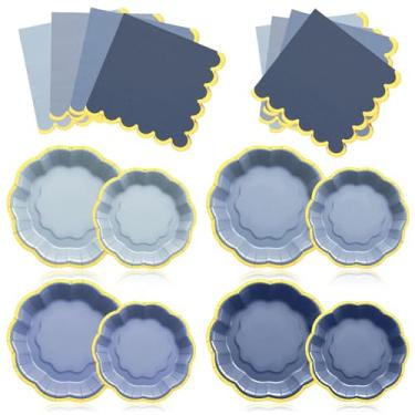Imagem de Vesici 60 peças de pratos de festa azuis empoeirados com guardanapos, pratos de papel de 23 cm e guardanapos descartáveis com borda dourada para chá de bebê, chá de aniversário, artigos de festa de