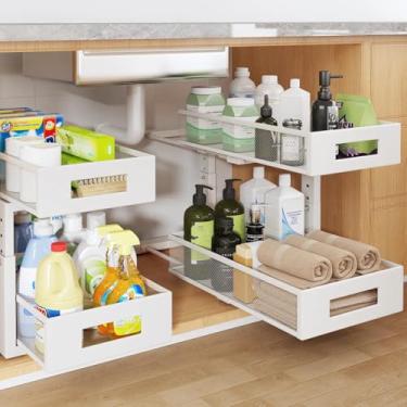 Imagem de 2 pacotes de organizadores sob a pia de 43 cm de profundidade, organizador de armário de 2 camadas com trilho circular liso, gavetas deslizantes de malha metálica de grande capacidade para