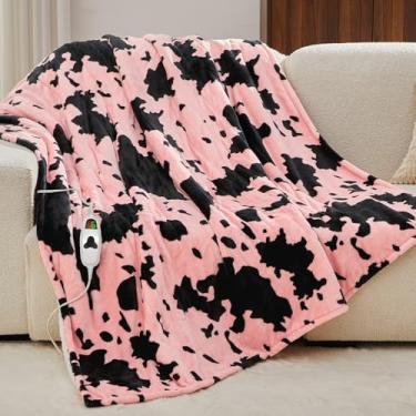 Imagem de Cobertor elétrico aquecido com estampa de vaca, tamanho solteiro, 152 x 213 cm, rosa claro, com 10 níveis de aquecimento e 8 horas de desligamento automático, cobertores de lã de ovelha de vaca