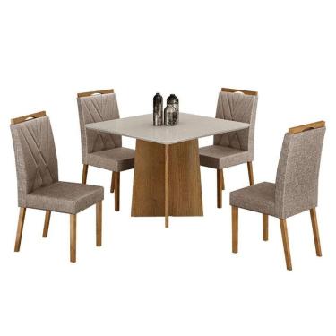 Imagem de Mesa de Jantar Jade 90cm Cinamomo Off White com 4 Cadeiras Lara Linho Bege - Valdemóveis