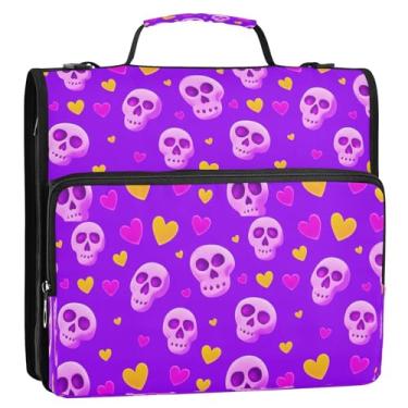 Imagem de Wassud Fichário romântico de caveiras com zíper com 3 anéis com alça de ombro e alça Trapper Keeper, vários bolsos, organizador de pastas expansíveis
