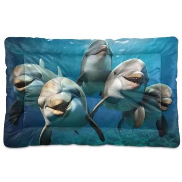 Imagem de Wassud Cama de cachorro com golfinhos sorridentes desenhados à mão, camas grandes para cães ao ar livre, tapete lavável para animais de estimação, cama de gato para dormir, viagens, 91 x 61 cm