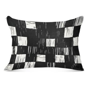 Imagem de Capa de almofada de flanela abstrata xadrez preto branco com zíper padrão king queen size fronhas premium para travesseiro de cama, tamanho king, 50,8 cm x 101,6 cm