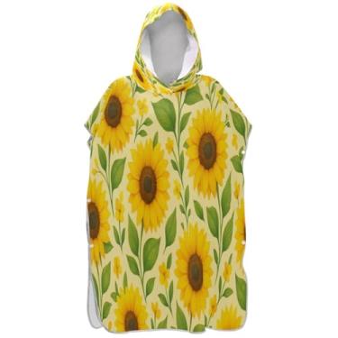 Imagem de Joisal Poncho de surfe trocador de roupão adulto com capuz toalha de banho absorvente ponchos de praia para homens desenho animado amarelo folha de girassol