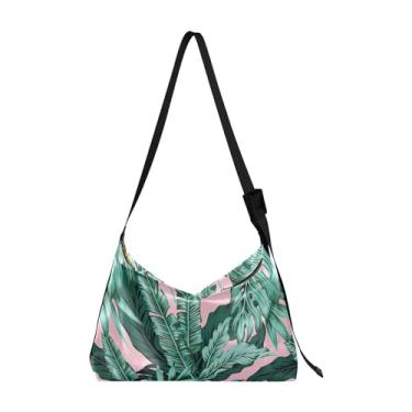 Imagem de Bolsa feminina de couro preta com flores artísticas Hobo grande bolsa transversal com estampa de folhas coloridas bolsa Hobo feminina, Folhas verdes tropicais rosa verde