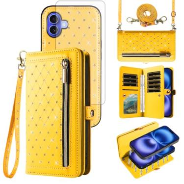 Imagem de Asuwish Capa de celular para iPhone 16 Plus 17.0 cm carteira magnética destacável com protetor de tela alça transversal Bling Flip suporte para cartão de crédito i Phone16 16+ i16 + 16Plus feminino