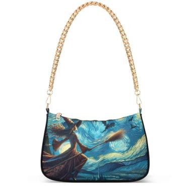 Imagem de Bolsa feminina com pintura Regatta Claude Monet Hobo Party Clutch feminina moderna com corrente sobre ombro, Vassoura voadora de bruxa de Halloween estrelada