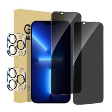 Imagem de Pacote com 2 + 2 protetores de tela para iPhone 13 Pro Max com protetor de lente de câmera cobertura total, película de vidro temperado anti-espião, dureza 9H, fácil instalação, sem bolhas [6,7