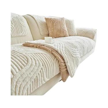 Imagem de Capa De Sofá De Veludo Listrada Creme Antiderrapante Protetor De Sofá 