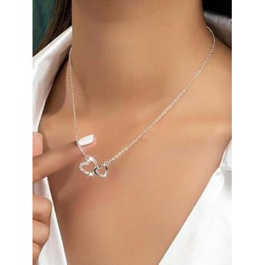 Imagem de Colar de coração duplo para mulheres, lindo colar com pingente de coração de strass, colar minimalista de liga de amor para o dia dos namorados, presente de casal, joia elegante, 1, Metal, Sem Pedra