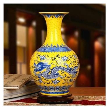 Imagem de Vaso decorativo vaso de flor de dragão chinês lindos ornamentos de cerâmica antigos ancestrais modernos vintage amarelo esmalte cerâmica decoração