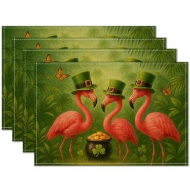 Imagem de HOMETITUTE Jogo americano do Dia de São Patrício, conjunto de 4 tapetes de mesa com chapéu de duende flamingo, 30,5 x 45,7 cm, para jantar, primavera, linho, decoração de fazenda, cozinha, tapete de