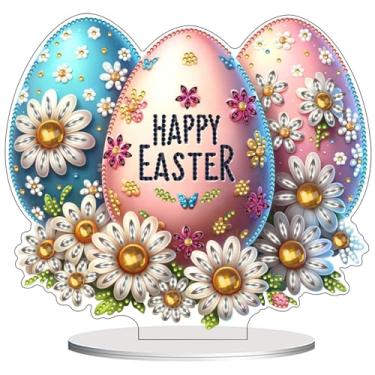 Imagem de VODAPYC Mesa de arte de diamante de Páscoa, enfeites de mesa de arte de diamante parcial em pé dupla face em forma especial para decoração de casa (ovo de Páscoa feliz)