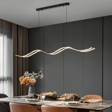 Imagem de Luminária pendente moderna com LED em formato de onda, dimerizável, com controle remoto e função de memória. Altura ajustável, ideal para sala de estar e sala de jantar (preta, 120 cm de com