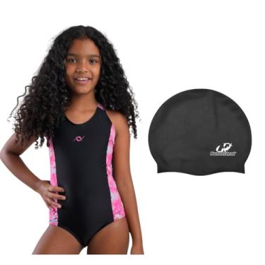 Imagem de Kit Maiô Infantil Natação Piscina + Touca Silicona Grande (Preto/Estampa Pink Fada - Touca Preto, 12)