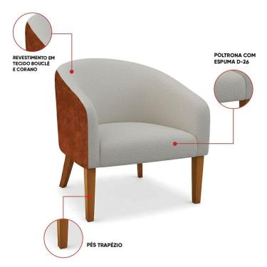Imagem de Poltrona Sala Decorativa Kit 2 Stella Pé Madeira Trapézio Castanho Sintético Pu Nozes-bouclê Cinza D03 - D'rossi