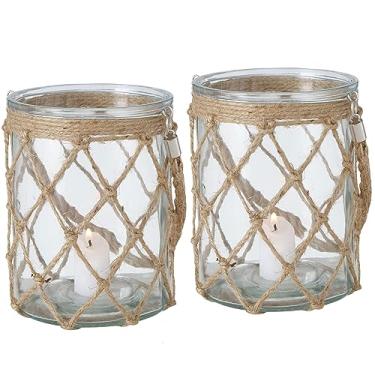 Imagem de Lanternas de vela Fishermans Hurricane, conjunto de 2, vidro transparente, juta com rede, envolto em corda, alças, 14 cm D x 18 cm A