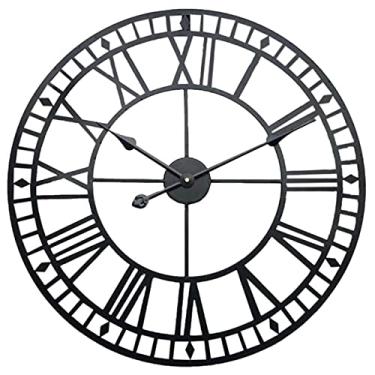 Imagem de U5GAAALPPQ9 Relógio de parede retrô de metal grande, silencioso, sem tique-taque, operado por bateria, números romanos de metal vintage, relógios modernos redondos para decoração de sala de estar