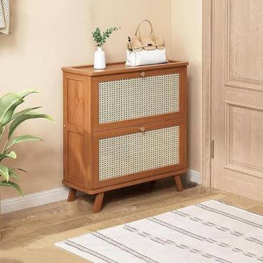 Imagem de Armário de armazenamento de sapatos para entrada, Rattan Slim Shoe Storage, 1/2/3 Flip Drawer Shoe Cabinet Rattan Shoe Cabinet Organizer Independente Wooden Shoe Rack Storage, marrom - 66,8 x 25,9 x