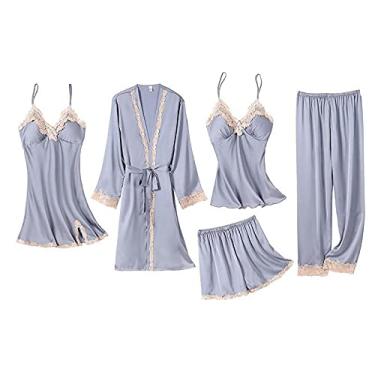 Imagem de HHHJQFAAT Pijama feminino 5 peças conjunto de pijama cami de cetim com roupão decote em V vestido de dormir floral guarnição de renda GG Borgonha-B (cinza a)