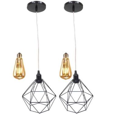 Imagem de 2 Pendentes Aramado Diamante Lustre Cabo Cristal Preto + 2 Lâmpadas Le
