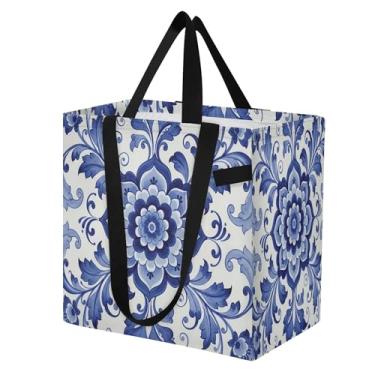 Imagem de SEHANY Sacolas de compras reutilizáveis de porcelana azul e branca com alças reforçadas, bolsa de compras de lona dobrável à prova d'água de grande capacidade para viagem, cozinha, praia