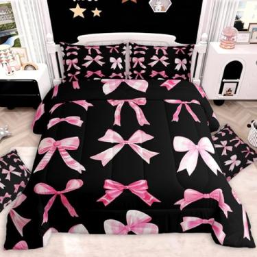 Imagem de jejeloiu Conjunto de cama com laço rosa e preto, macio para meninos e meninas, conjunto de edredom fofo com laço, tamanho solteiro, edredom de microfibra, 2 peças com 1 fronha