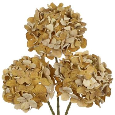 Imagem de Oairse Flores artificiais de hortênsia marrom areia, 49,8 cm, secas, texturizadas, flores de hortênsia com hastes, 3 peças, buquê de flores falsas, flores artificiais, volume para mesa, casamento