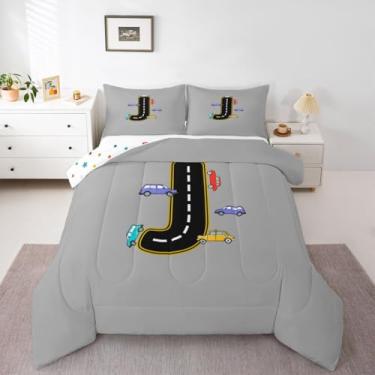 Imagem de jejeloiu Conjunto de edredom com desenho animado de carro, tamanho solteiro, letra J, para decoração de quarto de crianças, meninos, meninas, microfibra, ultramacia, respirável
