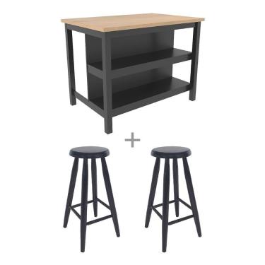 Imagem de Ilha Cozinha + 2 Banquetas Ditália 2 Pratel. Preto Cd-1019