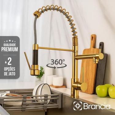 Imagem de Torneira Cozinha Gourmet Dourada 50cm Bancada Mesa Escovada com Spray 