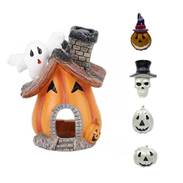 Imagem de LOYEH Conjunto de casa de abóbora de desenho animado, 5 em 1 decoração de aquário de resina ornamento simulado escondido para peixe, camarão