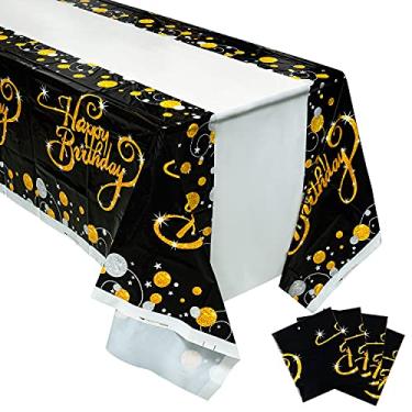 Imagem de MALLMALL6 Conjunto de capa de mesa de aniversário de 4 peças tema de feliz aniversário bling preto e dourado toalha de mesa impermeável suprimentos de festa grande design retangular de plástico decoração de piquenique de cozinha para criança adulto