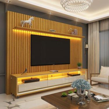 Imagem de Painel e Rack Ripado com LED e Rodízio Nobre Clean 230 Naturale Off White - Gelius