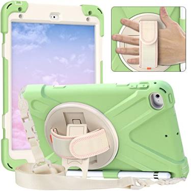 Imagem de QYiiD Capa para iPad Mini 5/Mini 4 (5ª/4ª geração 7,9"), capa protetora robusta à prova de choque com suporte para lápis, alça de mão giratória de 360° / suporte giratório e alça de ombro, MatchaGreen