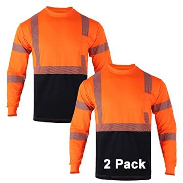 Imagem de Pacote com 2 camisetas de segurança de alta visibilidade para homens reflexivos classe 2 ANSI Hi Vis camisa de trabalho manga longa (2 laranjas)