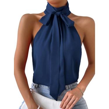 Imagem de Remidoo Regata feminina casual sem mangas, gola autoamarrada, plissada, frente única, Gravata azul, P