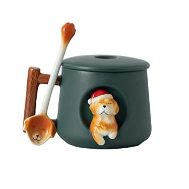 Imagem de DIHOclub Caneca de café de cerâmica com tampa e colher combinando, caneca com padrão Golden Retriever 3D para chá leite suco de chocolate, copo bonito para amantes de cães, perfeitos - 400 ml (verde)
