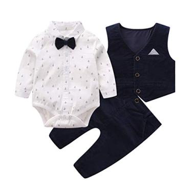Imagem de Conjunto de roupas para bebês meninos e senhores, camiseta de manga comprida para bebês + calça com babador + gravata borboleta + colete, Azul, 12-18 Months