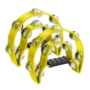 Imagem de Flexzion Pandeiro Metal Meia Lua Instrumentos Musicais Duas Fileiras Metálicas Jingles Instrumentos Manuais Percussão com Cabo Ergonômico, Pandeiro para Adultos, 2 Pacotes - Amarelo