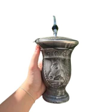 Imagem de Kit Chimarrão: Cuia Porongo com Gravura de Cavalo, Bomba de Inox e Bocal de Inox (Preto pedra preta)