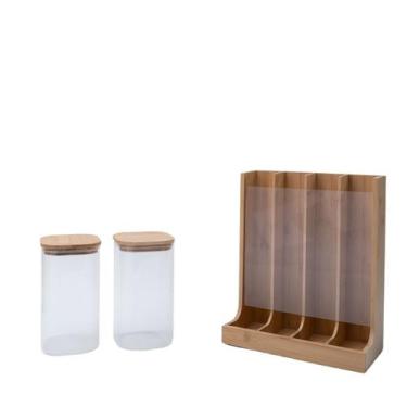 Imagem de Kit com 2 potes de vidro com tampa de bambu 1,4l e porta cápsulas de b