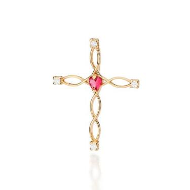 Imagem de Pingente rommanel feminino banhado ouro 18k cruz coração rosa pedra zi